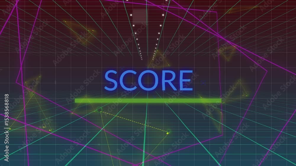 Poster timer counting two seconds on grid floor, neon green bar sliding in, blue score text fading