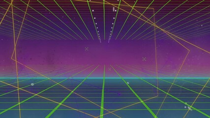 Stepping forward white silhouette moving through neon wireframe tunnel with grid floor, copy space - Powered by Adobe