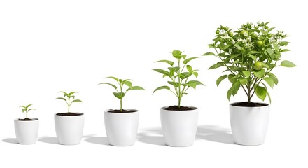 Fototapeta premium Five Stages of Pepper Plant Growth in White Pots: From Seedling to Blooming Plant with Green Fruits
