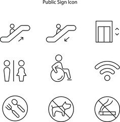 Set of public sign outline icons, containing escalator, lift, man, woman, wheelchair, wifi, fork, spoon, dog, and no smoking icons.