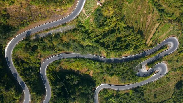 Top-down drone view of winding road in Ha Giang, Vietnam. Serpentine mountain route cuts through green hills and terraced landscape, forming beautiful curves from above.