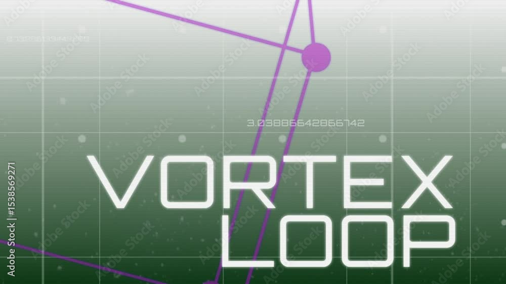 Poster rotating purple wireframe expanding and locking vortex loop title on green grid, scrolling numbers
