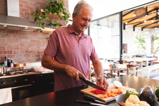 Man chopping bell pepper and carrot on cutting board in modern kitchen with brick wall