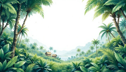 Tropical paradise landscape with lush greenery and cabanas