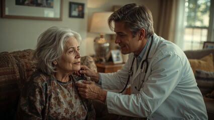 Obraz premium A doctor examining an elderly woman sitting on a couch in a living room with natural light coming through