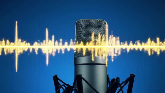 Professional microphone for podcast or recording with waveform on blue background. Generated AI	