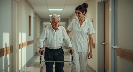 Fototapeta premium Older man using walker in hospital hallway assisted by a female nurse in white uniform assisting him