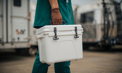 Medical Professional Carrying White Organ Transport Cooler Box for Emergency Transplant in Hospital or Urban Setting