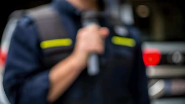 Paramedic holding microphone making statement to press