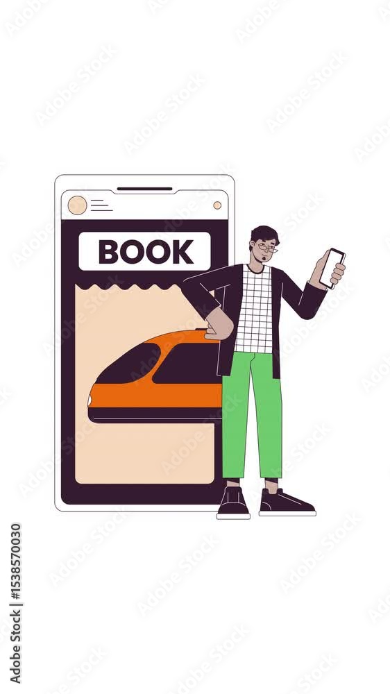 Poster train booking on smartphone app 2d vertical animation. ticket purchase. arab man using mobile reserv