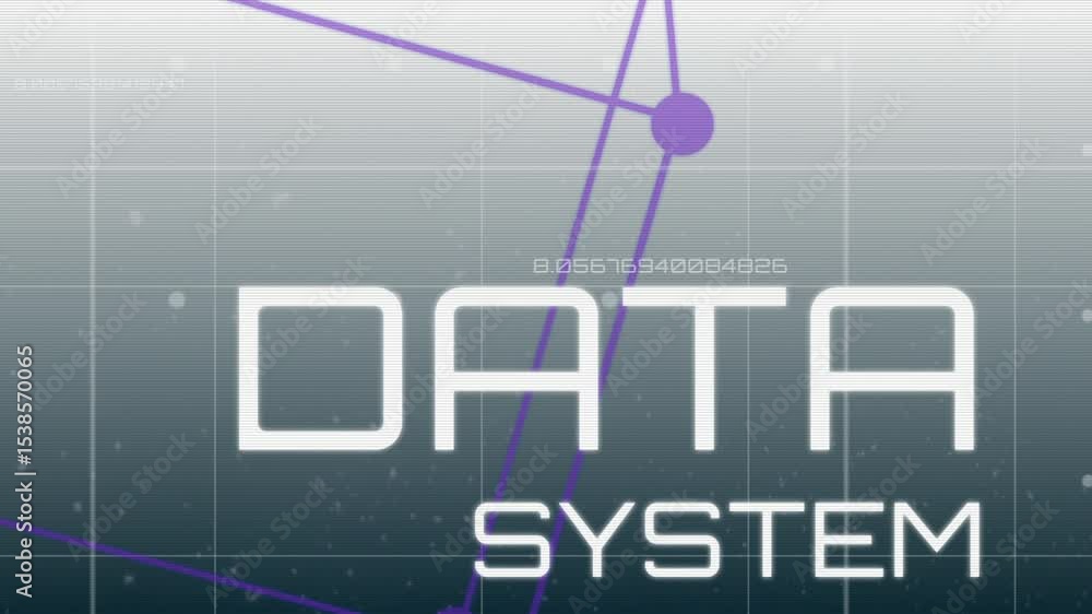 Poster Starting with dark grid, purple network rotating with floating numeric strings, DATA SYSTEM label