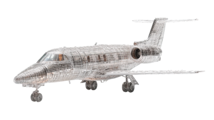 Intricate wireframe of a private jet against a stark black background creates a striking visual