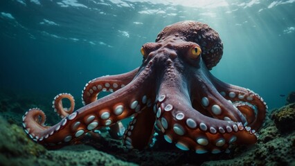 Underwater Close-Up of a Brown Octopus with Visible Suckers and Yellow Eyes