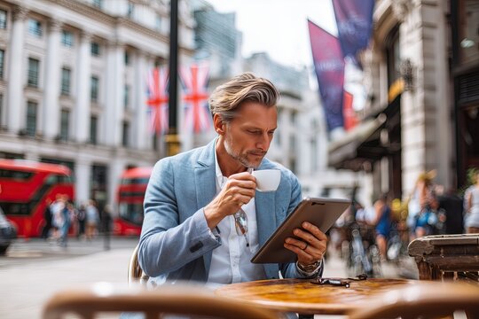 Confident businessman enjoying coffee while working on digital tablet at outdoor cafe in busy London street