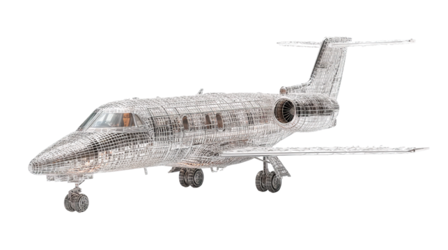 Intricate wireframe of a private jet against a stark black background creates a striking visual