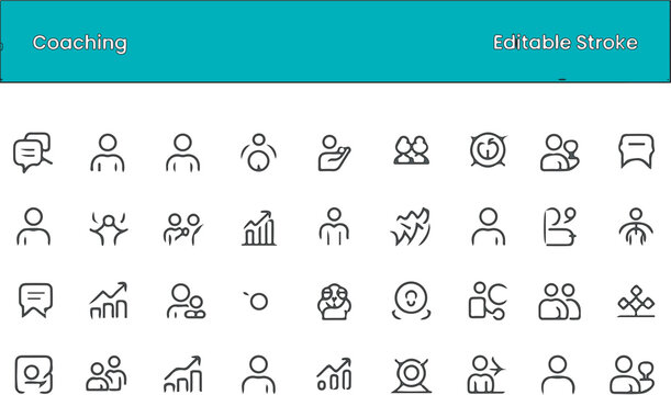 Coaching Business Icons Set Black Line Art Editable Stroke People Teamwork Growth Communication Symbols
