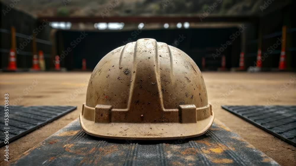 Poster muddy hard hat resting on floor in tunnel construction site