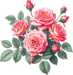 Beautiful pink roses bouquet on white background. Elegant pink roses with fresh green leaves. Vintage rose artwork with blooming flowers and buds. Gorgeous pink roses with delicate petal in full bloom