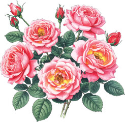 Stunning rose bouquet artwork with soft pink tones. Romantic roses drawing with vivid petals and green leaves. Floral pink roses design with detailed leaves and buds.  pink roses in blooming stage.
