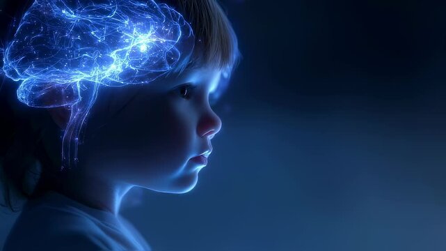 Glowing brain and neural network activity are visualized next to a child pointing with their finger, symbolizing learning and cognitive development
