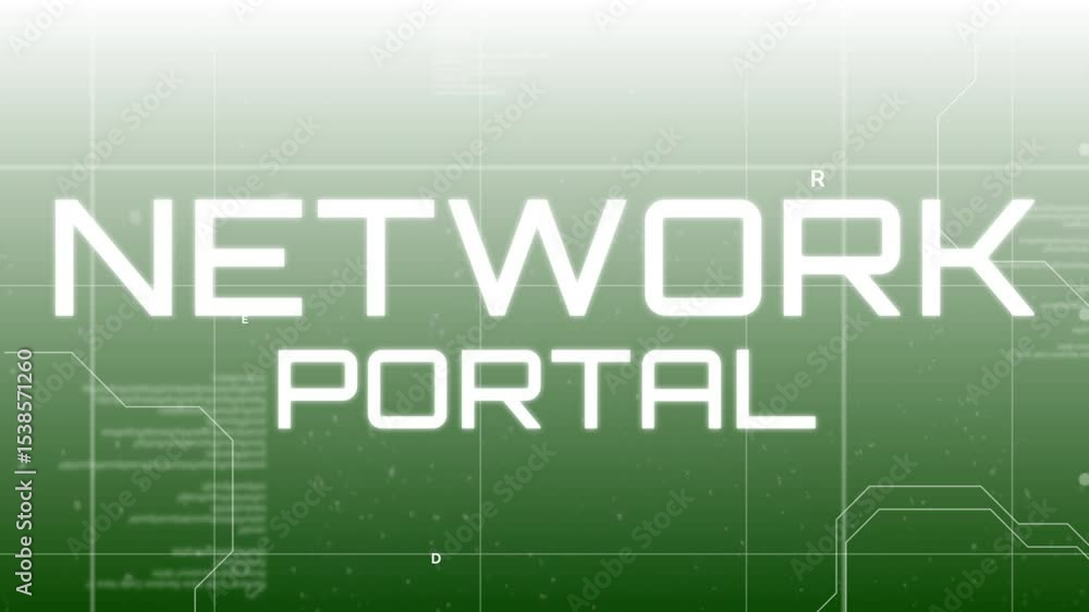 Poster starting green grid, drifting alphanumeric letters forming network portal, circuit lines animating
