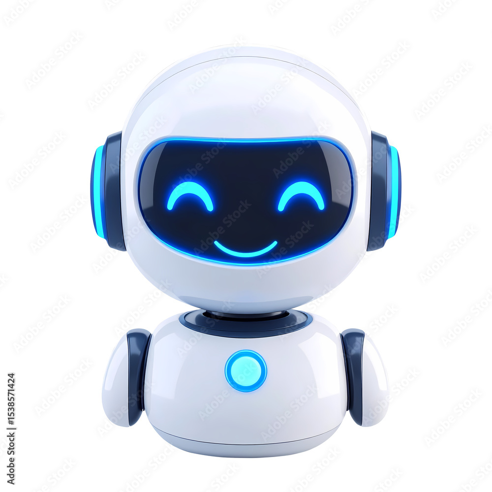 Poster 3d render of smiling robot assistant mascot with soft glossy surface and cute eyes