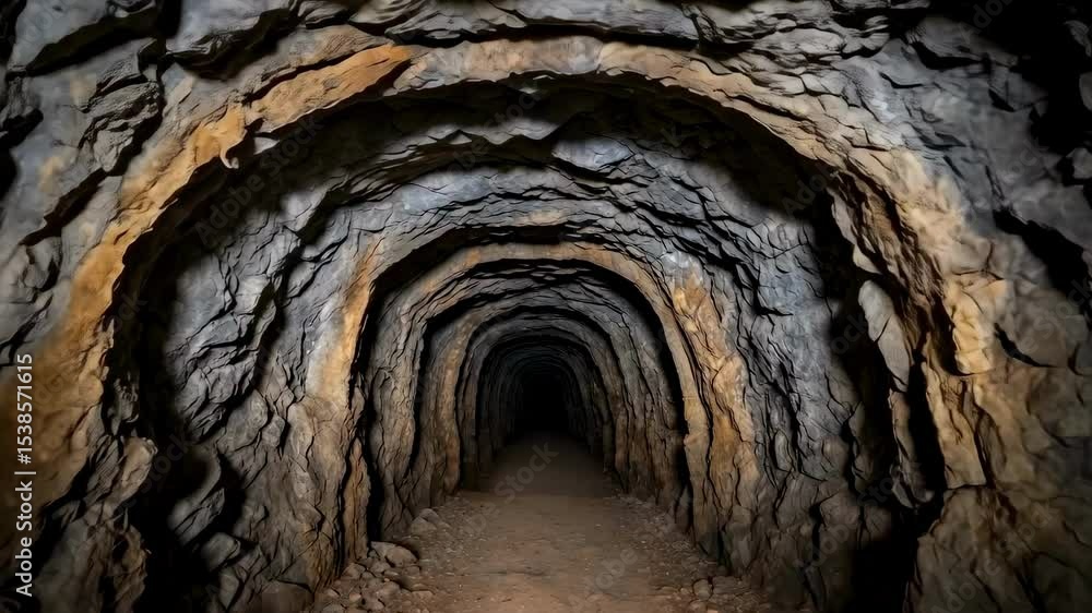 Poster Walking through a dark mining tunnel with rough stone walls