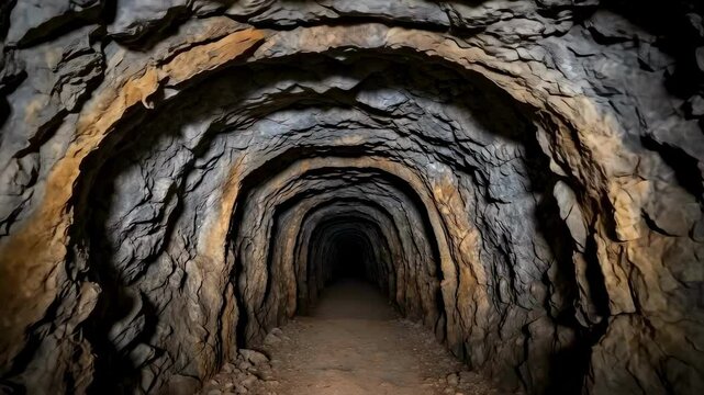 Walking through a dark mining tunnel with rough stone walls