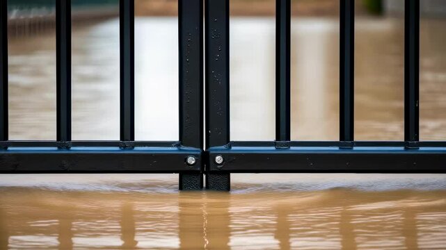 Flood water rising near metal gate