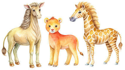 Jungle Animals Group with Elephant, Giraffe, and More Watercolor Transparent Background