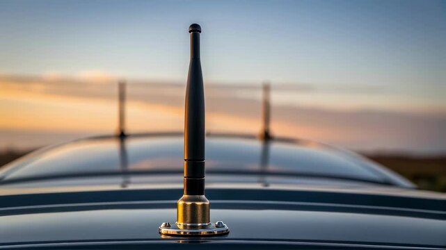 Radio antenna on car roof at sunset, ready for emergency communication