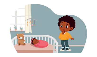 Big Brother Watching Sleeping Newborn Sister – Cartoon Vector Illustration