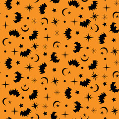 Black Bats seamless pattern with crescent moon and retro stars on orange background. For Halloween print, fabric and textile