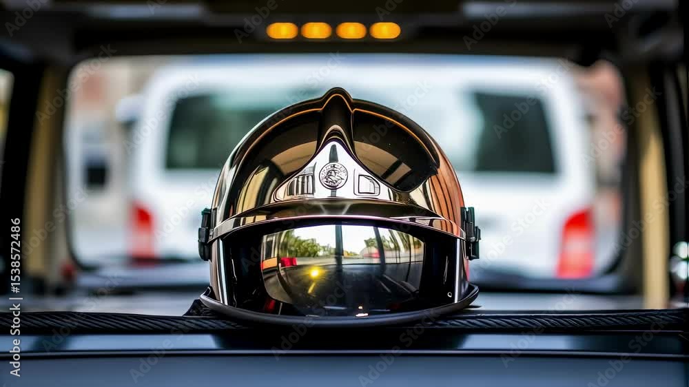 Poster shiny firefighter helmet resting on a vehicle dashboard reflecting an ambulance