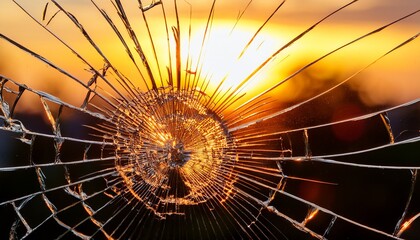 shattered window glass capturing sunset s warm glow reflecting golden light across broken fragments with atmospheric depth and visual complexity