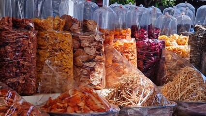 Dried snacks assortment in the market.