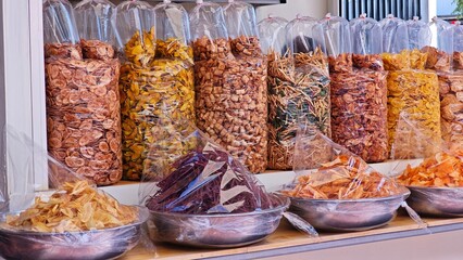 Dried snacks assortment in the market.