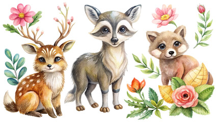Obraz premium Jungle Animals Group with Elephant, Giraffe, and More Watercolor Transparent Background