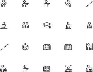 Collection of Black and White Line Icons Depicting Education Graduation Learning and Teaching Concepts