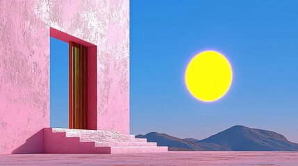 Pink Building with Open Doorway and Yellow Sun in a Blue Sky