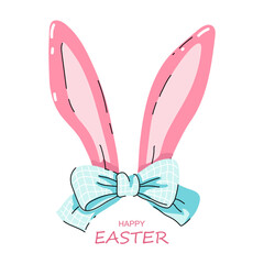 Cute Easter card with pink bunny ears and blue bow. Happy Easter. White background. Vector illustration for greeting card, flyer, poster, ad, blog, article and more. Cartoon.
