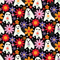 Funny Halloween Ghosts with retro groovy colorful flowers with spiderweb seamless pattern. For Halloween fabric, backgrounds and textile