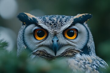Naklejka premium Close-up of majestic owl with striking orange eyes in natural habitat