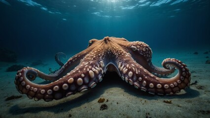 Octopus Spreading Tentacles on Sandy Ocean Floor with Sun Rays Breaking Through the Surface