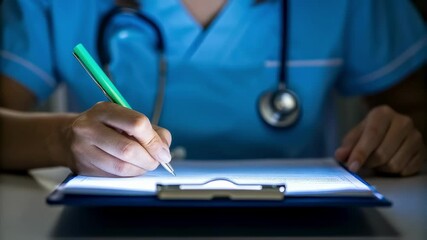 Nurse writing medical report under examination light - Powered by Adobe
