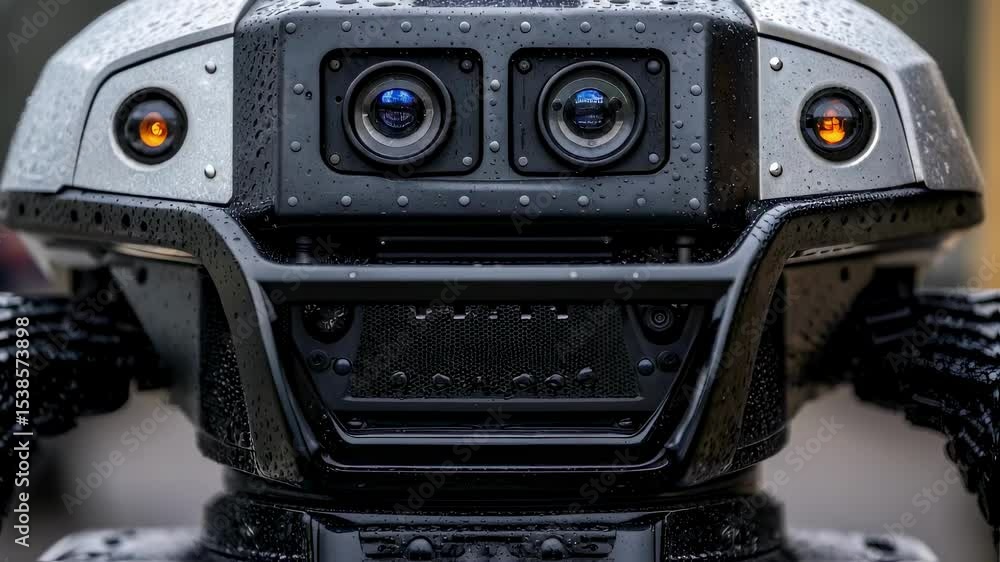 Poster robot blinking lights in the rain, artificial intelligence at work