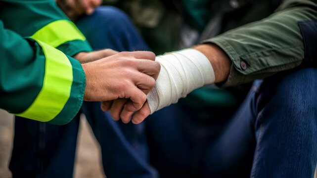 Paramedic bandaging injured man's wrist after road accident