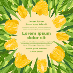 Illustration of a floral background featuring various tulips flowers, with a text placeholder. Ideal for banners, covers, greeting cards, invitations, posters, and other design templates. Hand-drawn