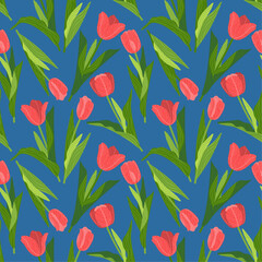 A floral seamless pattern featuring various colorful tulips with green leaves on a dark background. Geometric background pattern. Botanical design for print, wallpaper, textile, and wrapping paper.