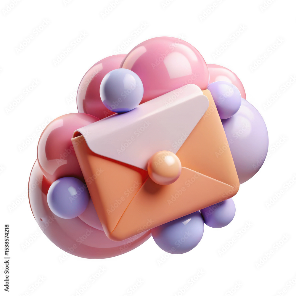 Poster 3d pastel envelope with abstract bubbles isolated on transparent background